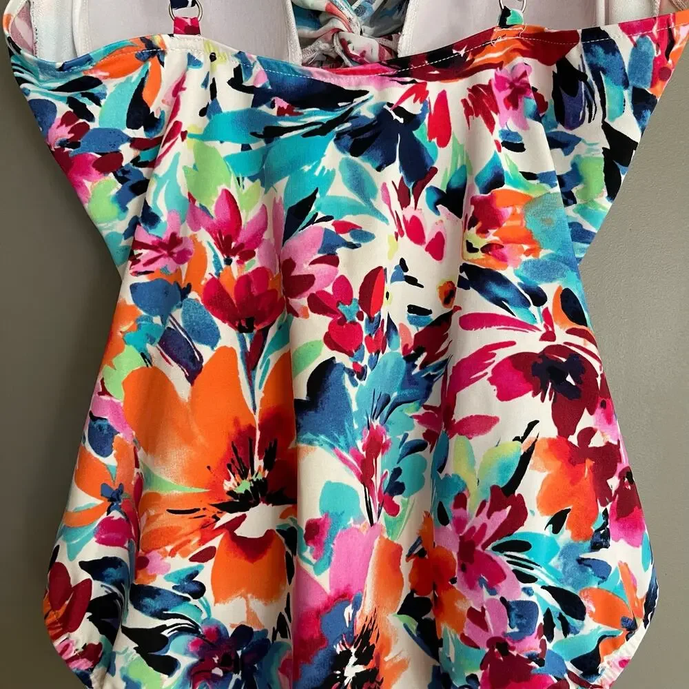 Swim Solutions Twist Bodice Allover‎ Slimming One-Piece Swimsuit Size 12 Floral - Picture 13 of 16